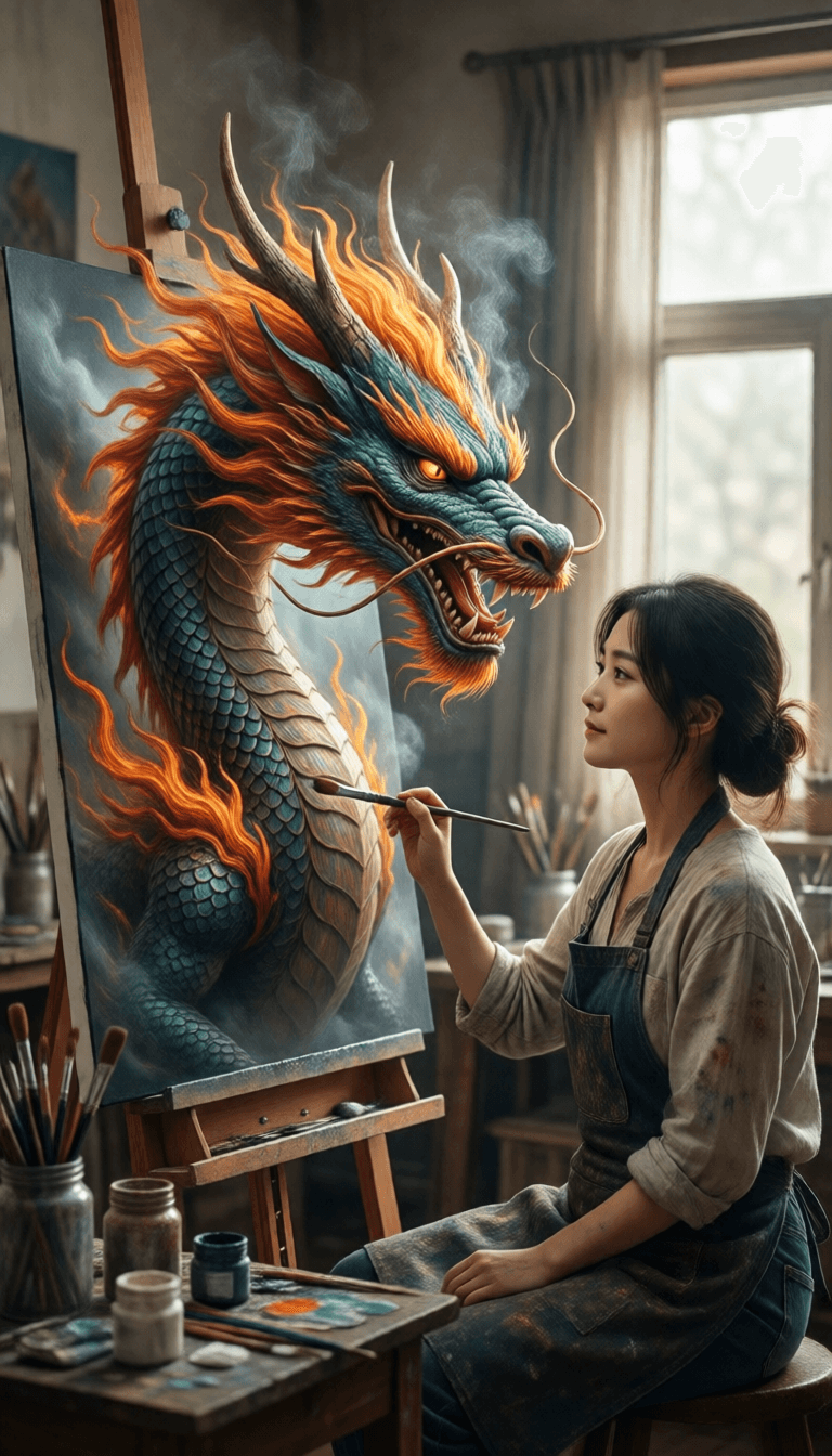 Ophelia free AI image generator prompt:A cinematic fantasy scene inside a cozy artist’s studio. A young female painter…