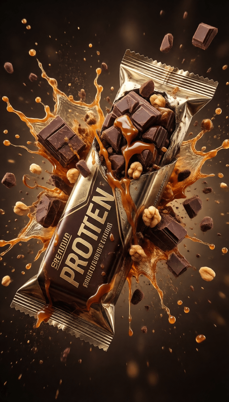 ‏Ophelia مولّد صور بالذكاء الاصطناعي مجاني – برومبت:Ultra-cinematic product photography of a premium protein bar wrapped in metallic…