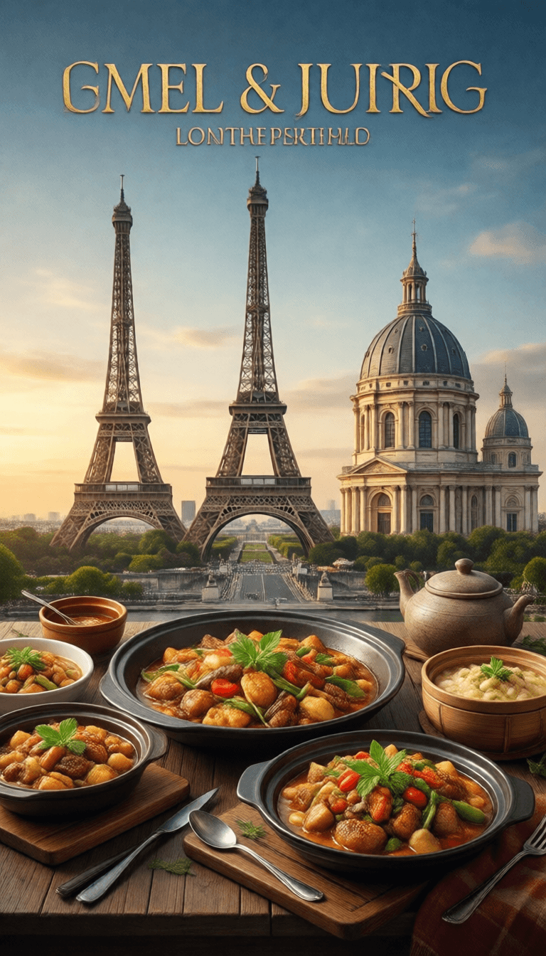 Ophelia free AI image generator prompt:Create a premium poster showcasing iconic French landmarks and traditional dishe…