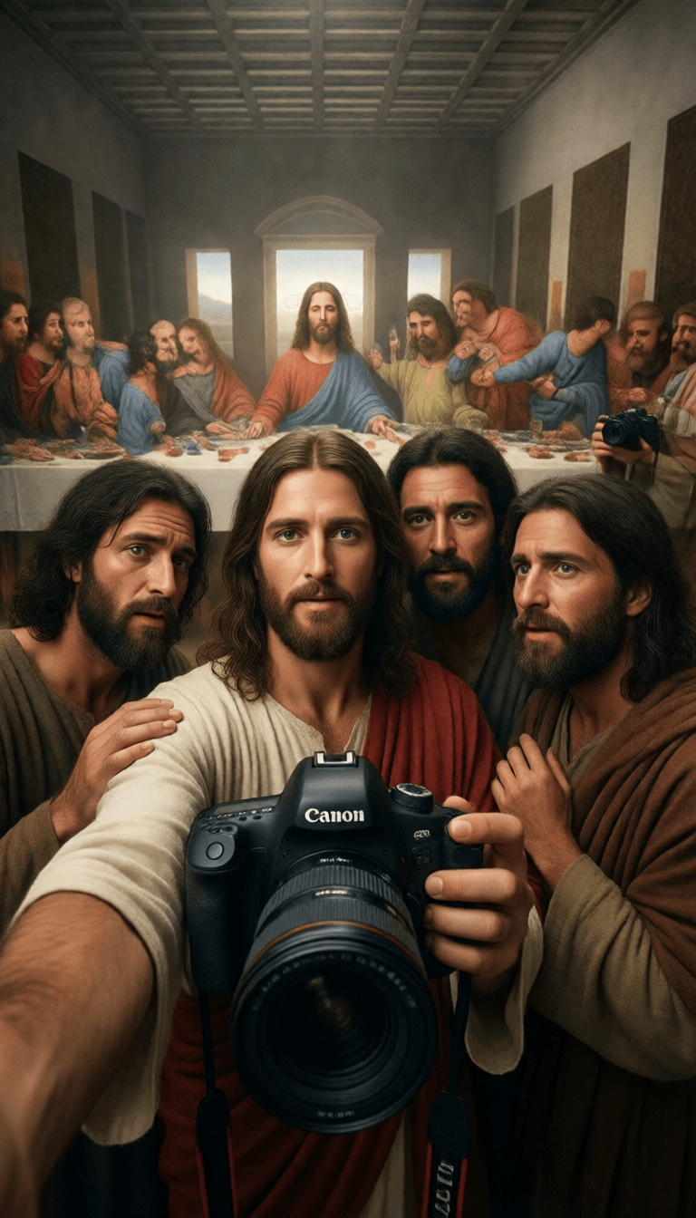 Ophelia free AI image generator prompt:a striking and unexpected selfie of Jesus with his disciples during their final…