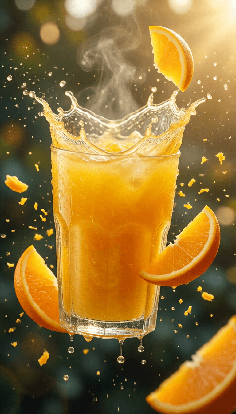 Ophelia kostenloser KI‑Bildgenerator‑Prompt:A glass of freshly squeezed orange juice with pulp, slowly spinning mid-air. Aro…