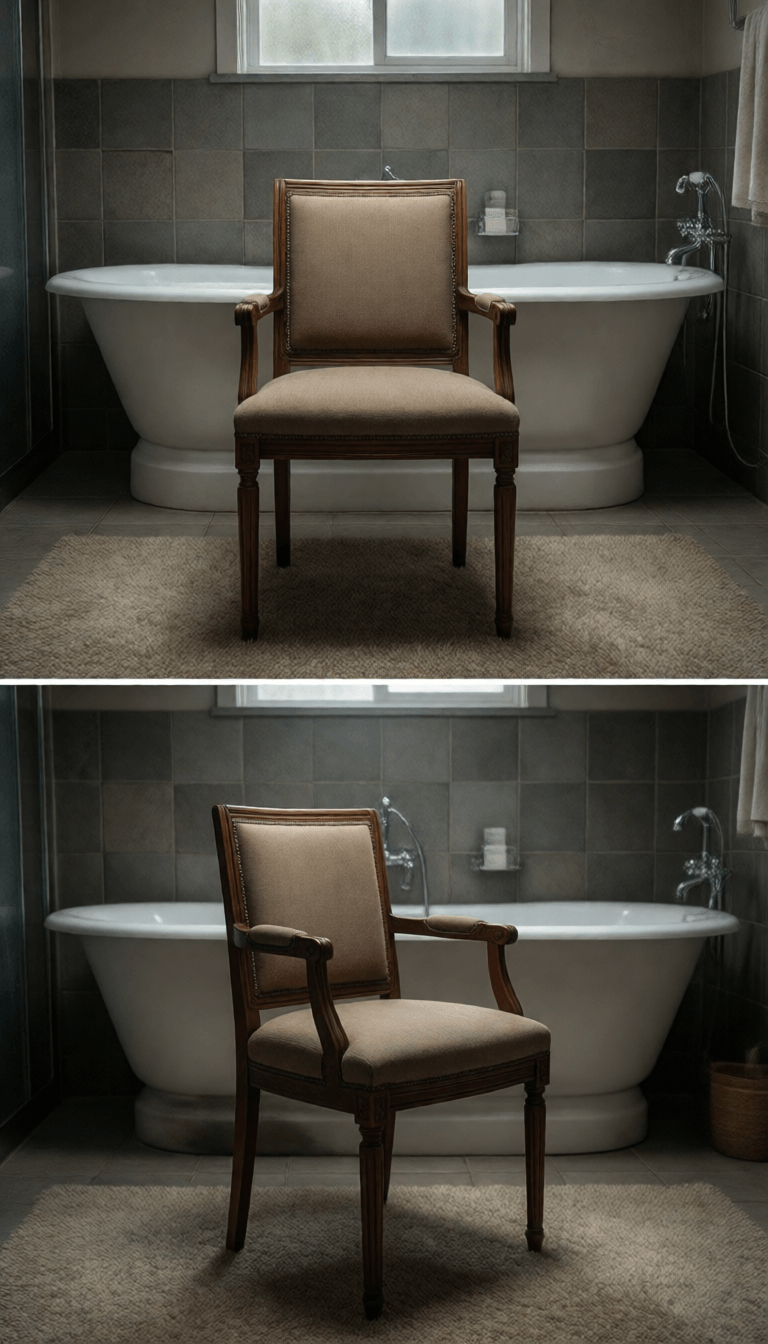 Ophelia free AI image generator prompt:Change the chair in front of the bathtub in the first image to the one in the se…