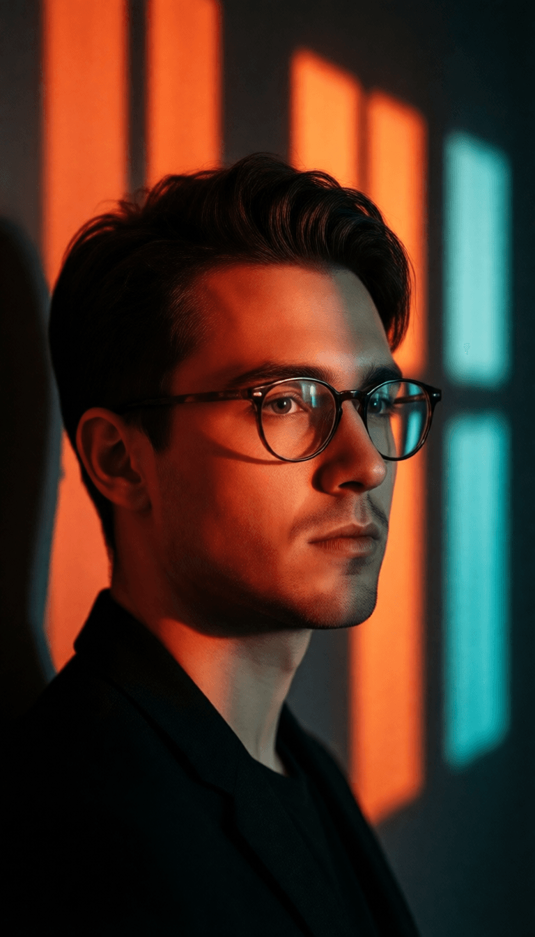 Ophelia free AI image generator prompt:Cinematic portrait of a stylish young person wearing round glasses, standing bes…