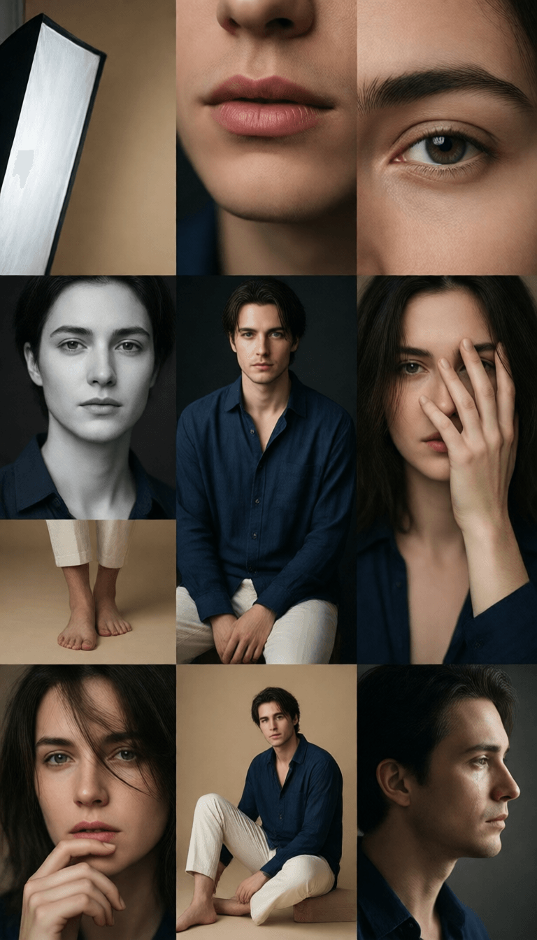 Ophelia free AI image generator prompt:In a soft beige studio, construct a 3x3 fine-edited photo grid. The character we…