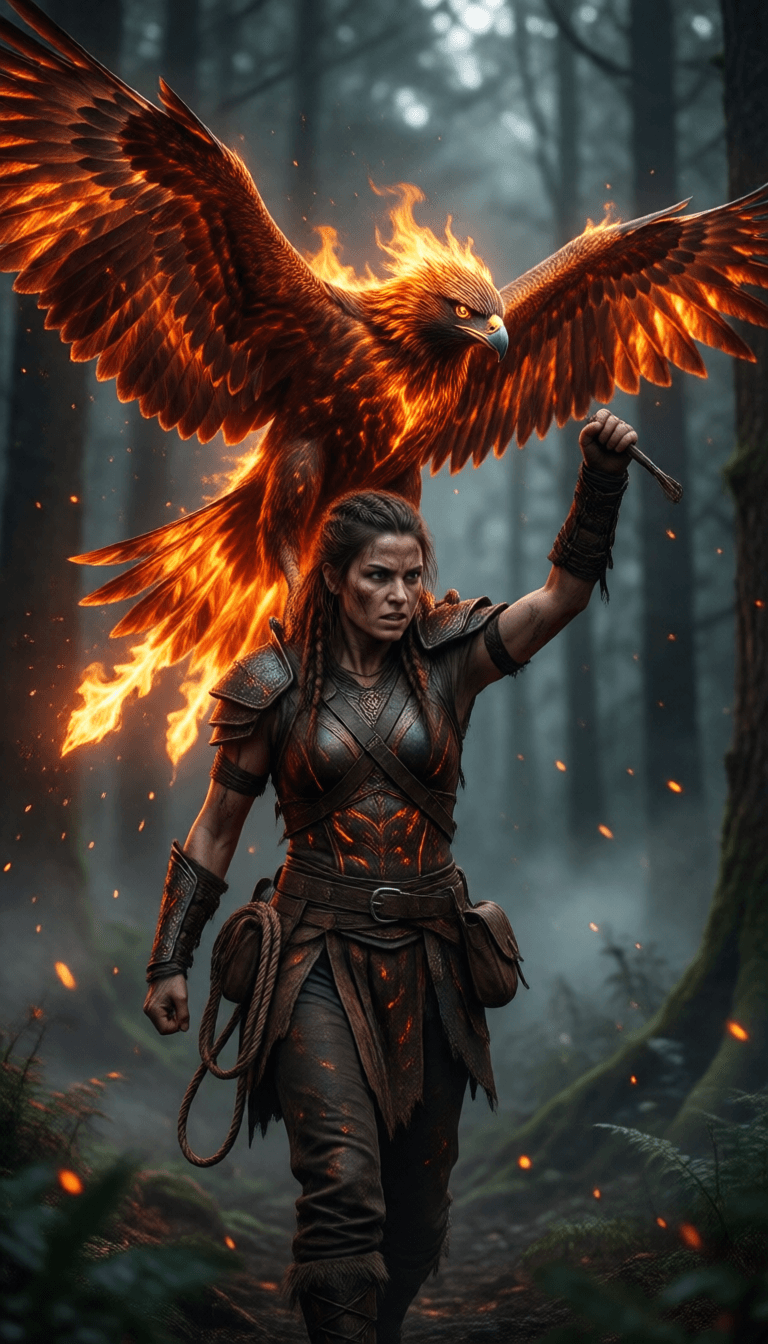 Ophelia free AI image generator prompt:A cinematic fantasy scene of a fierce female use image for face reference warrio…