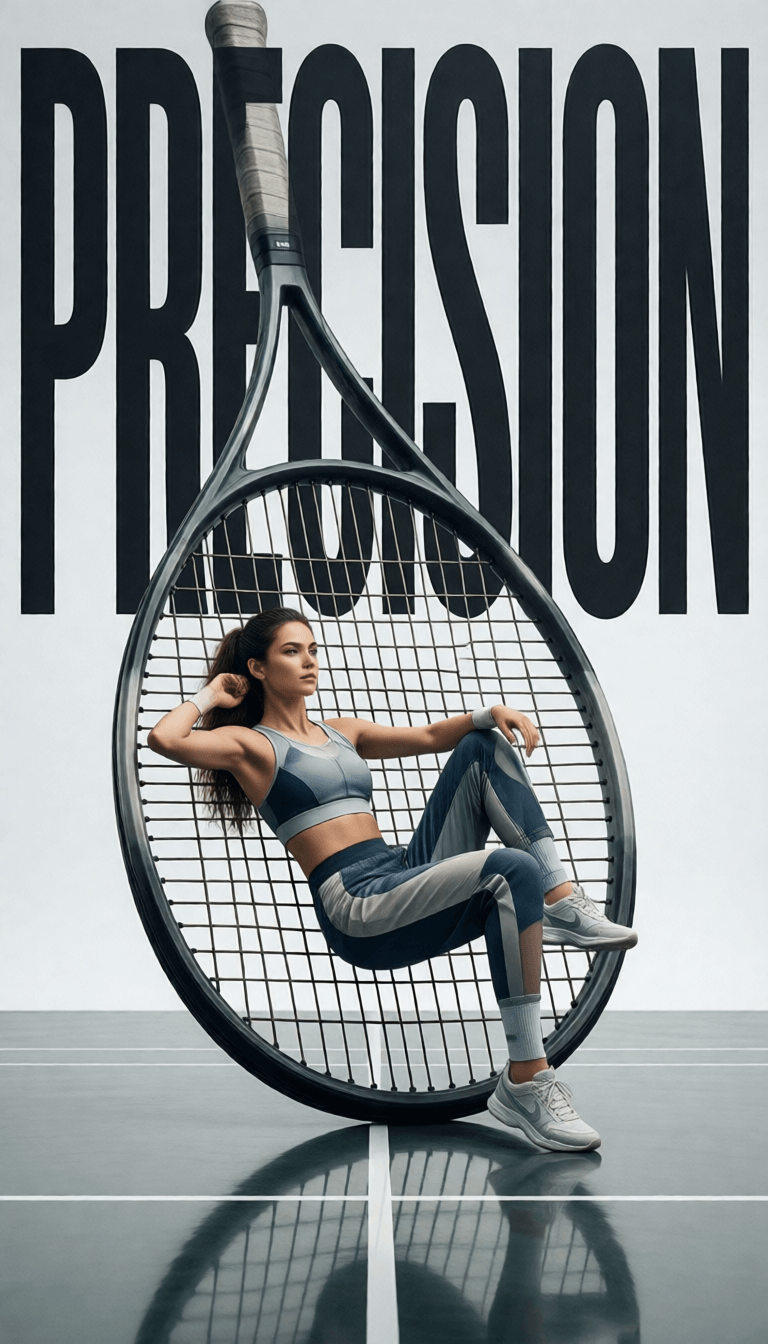 Ophelia free AI image generator prompt:Avant-garde sports fashion advertisement, oversized tennis racket positioned lik…