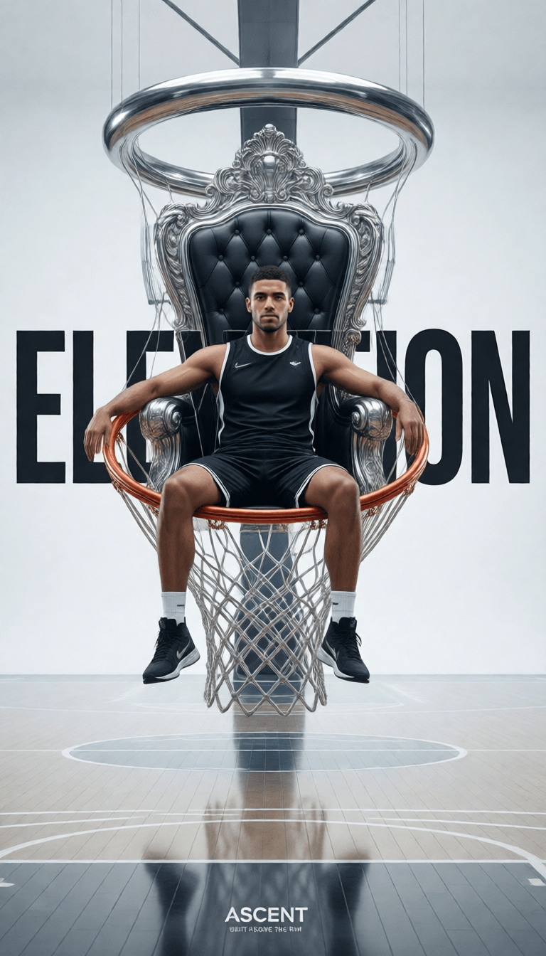 Ophelia free AI image generator prompt:Avant garde sports fashion advertisement for basketball, featuring a tall male a…