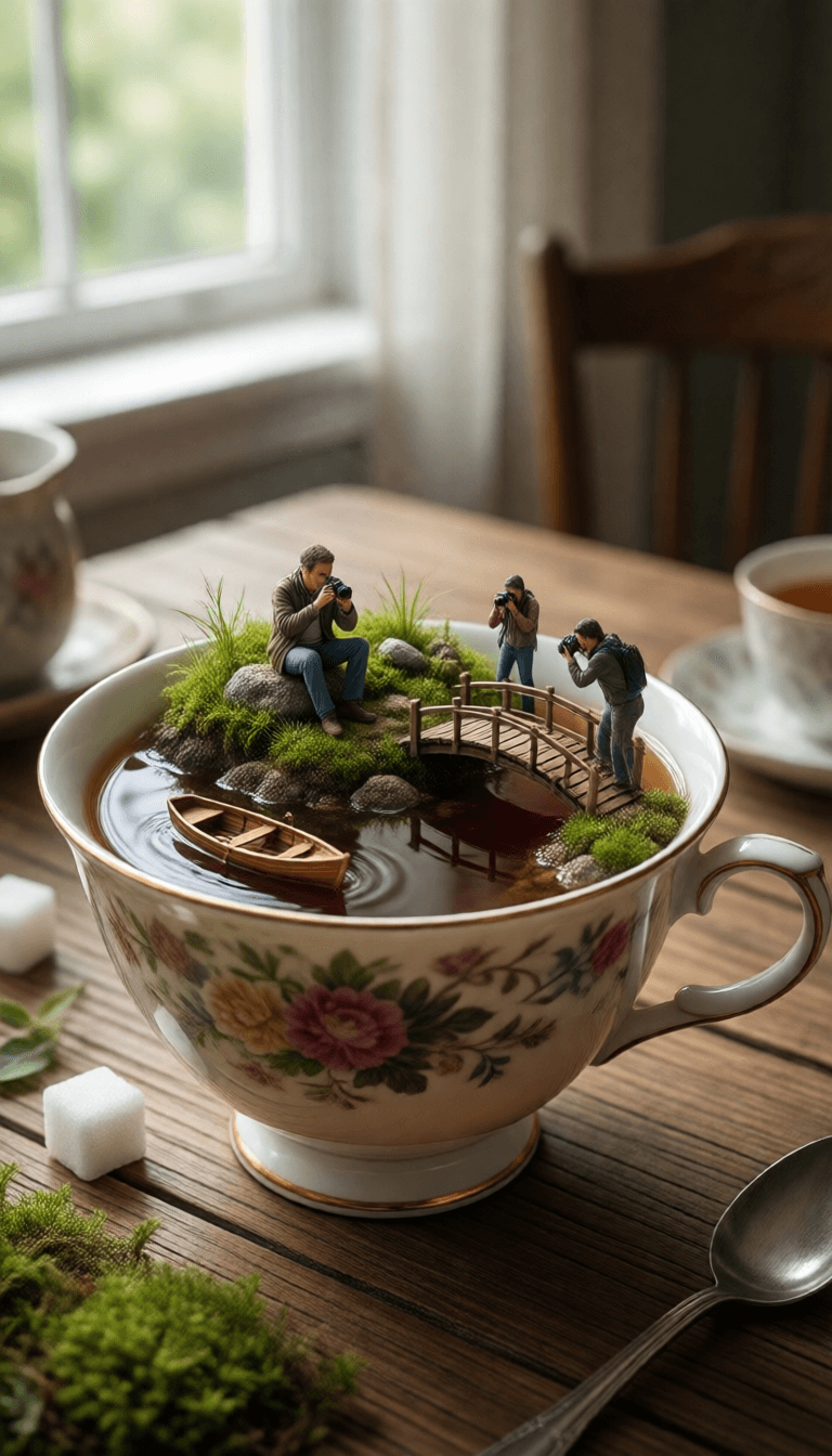 Ophelia free AI image generator prompt:"Shrink the main subject into a tiny, hyper-realistic miniature person sitting o…