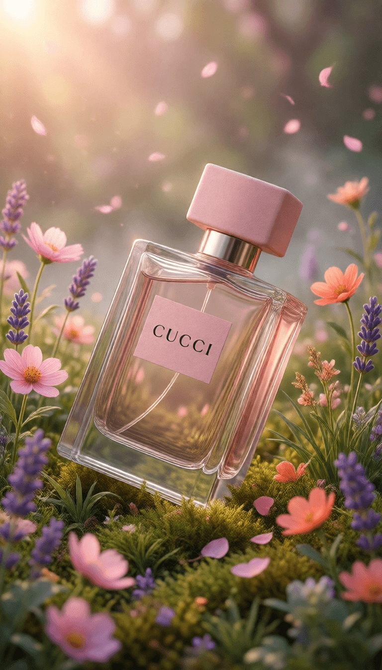 Ophelia เครื่องมือสร้างภาพ AI ฟรี – พรอมต์:{ "prompt": { "subject": "Hyper-realistic luxury perfume product photograph", "p…