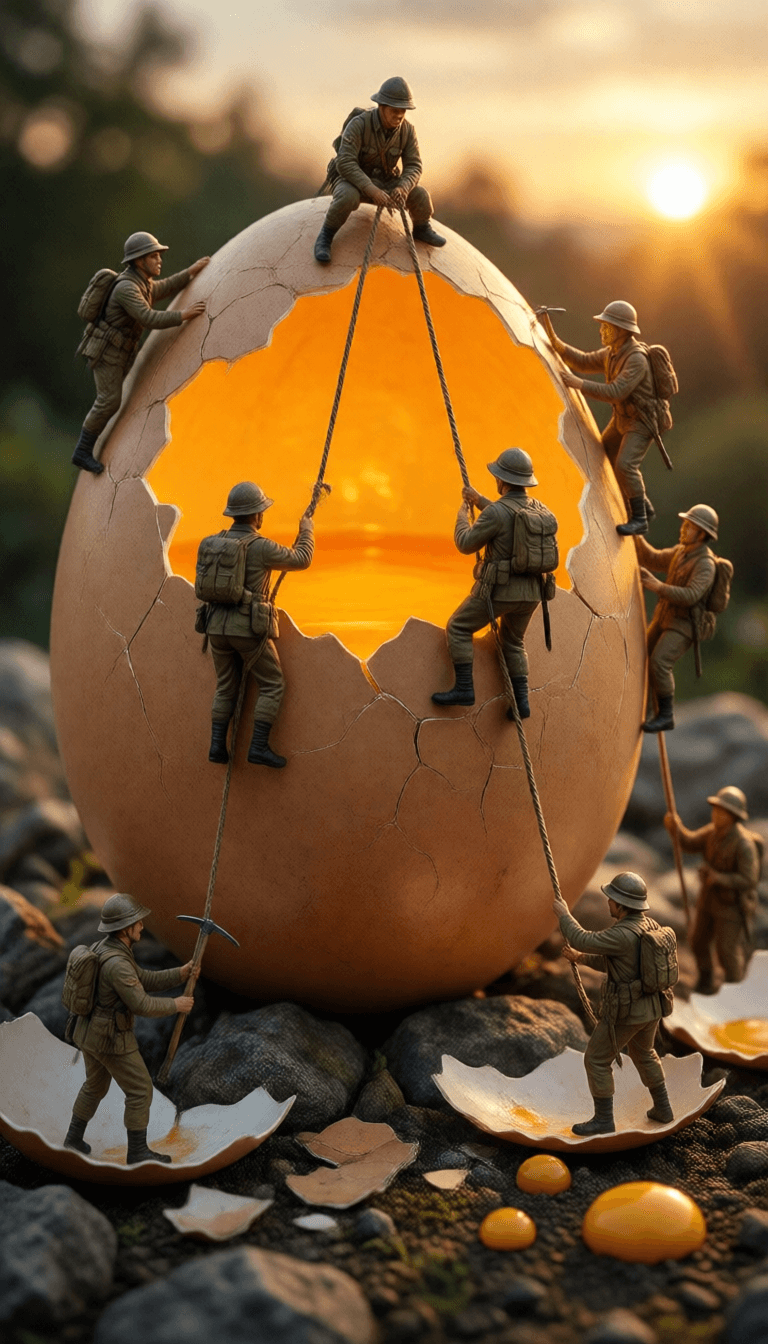 Ophelia kostenloser KI‑Bildgenerator‑Prompt:Tiny British colonial toy soldiers in khaki uniforms and pith helmets climbing a…