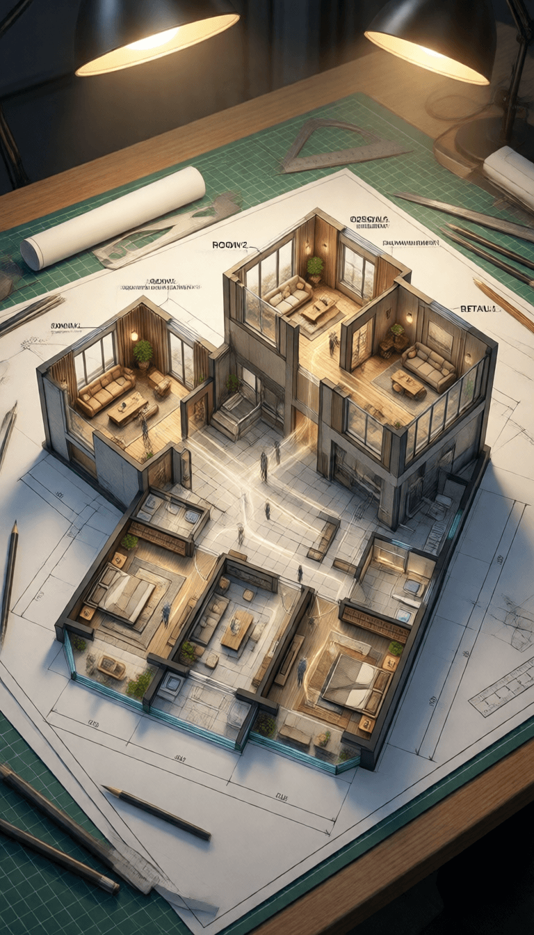 Ophelia generador de imágenes IA gratis – prompt:An architectural floor plan of {BUILDING_TYPE} spread across a drafting table, w…