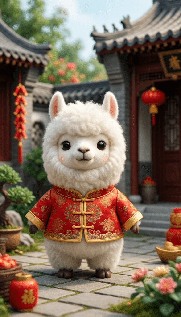 Ophelia free AI image generator prompt:Cute Popmart-style 3D miniature Chinese New Year courtyard, natural candid momen…