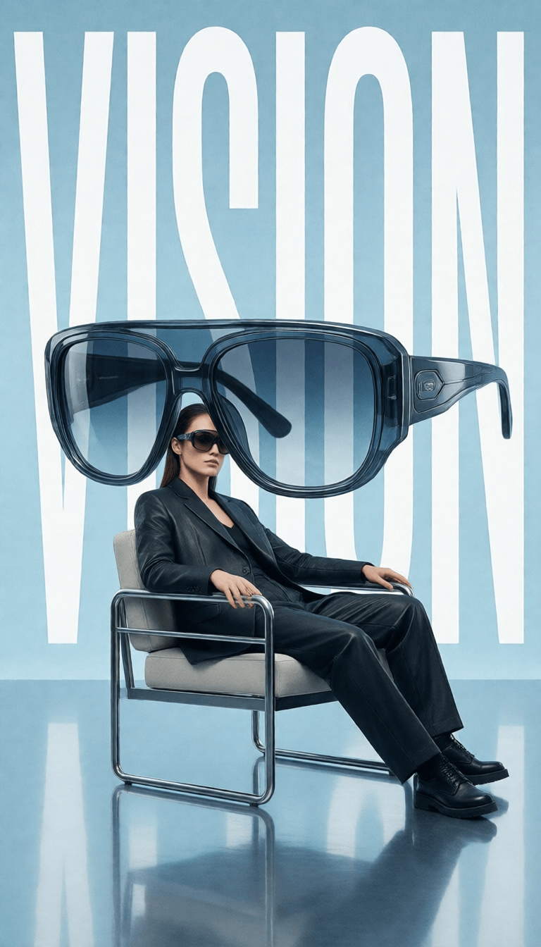 Ophelia free AI image generator prompt:Avant-garde fashion advertisement, oversized futuristic sunglasses positioned li…