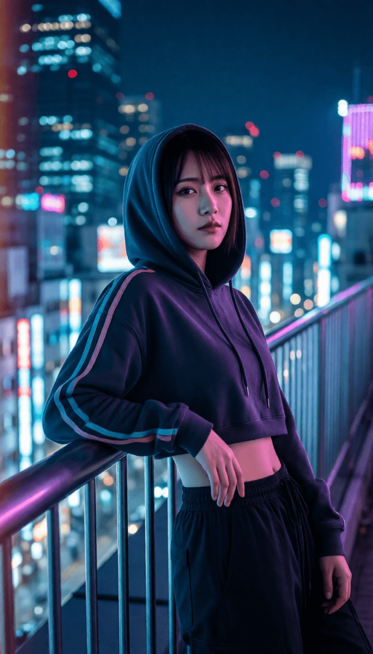 Ophelia เครื่องมือสร้างภาพ AI ฟรี – พรอมต์:{ "prompt_title": "Neon city rooftop portrait", "subject": "young woman, streetw…