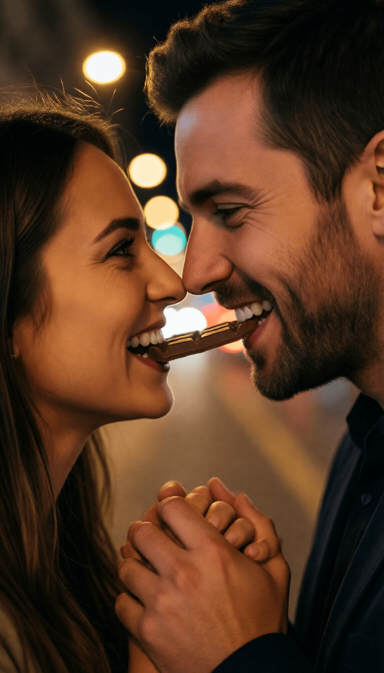 Ophelia kostenloser KI‑Bildgenerator‑Prompt:Ultra-realistic close-up side profile of a smiling couple biting the same chocol…