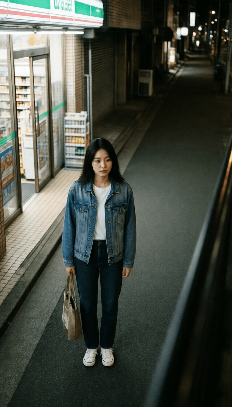 Ophelia kostenloser KI‑Bildgenerator‑Prompt:High-angle candid night street fashion photograph, shot from an upper floor acro…