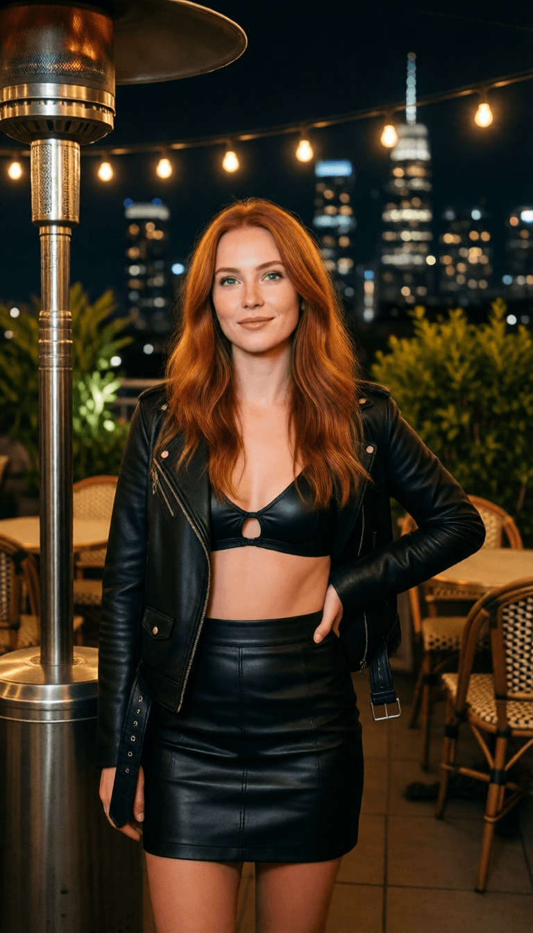 Ophelia generador de imágenes IA gratis – prompt:{ "subject": { "person": "Young woman with long, wavy ginger/auburn hair", "feat…