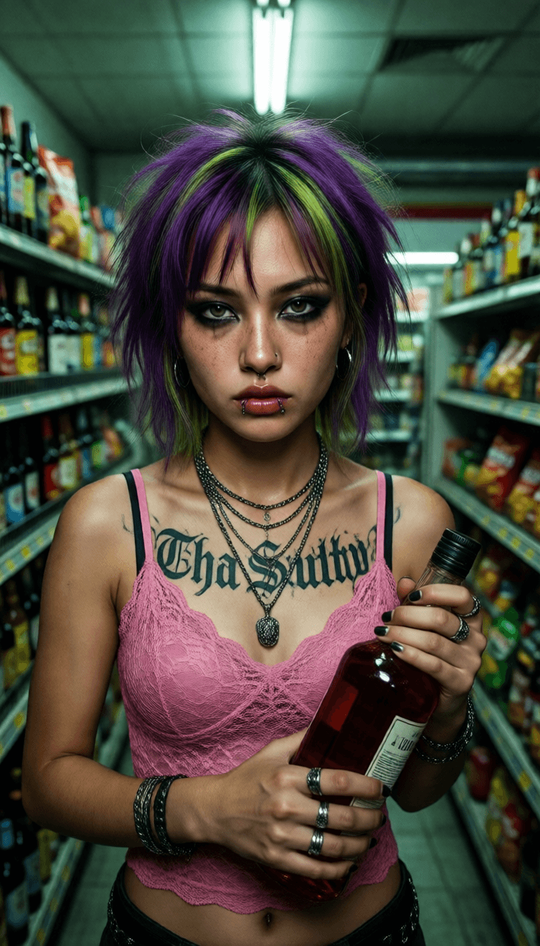 Ophelia เครื่องมือสร้างภาพ AI ฟรี – พรอมต์:{ "prompt": "rebellious young punk girl with messy short hair dyed vibrant purpl…