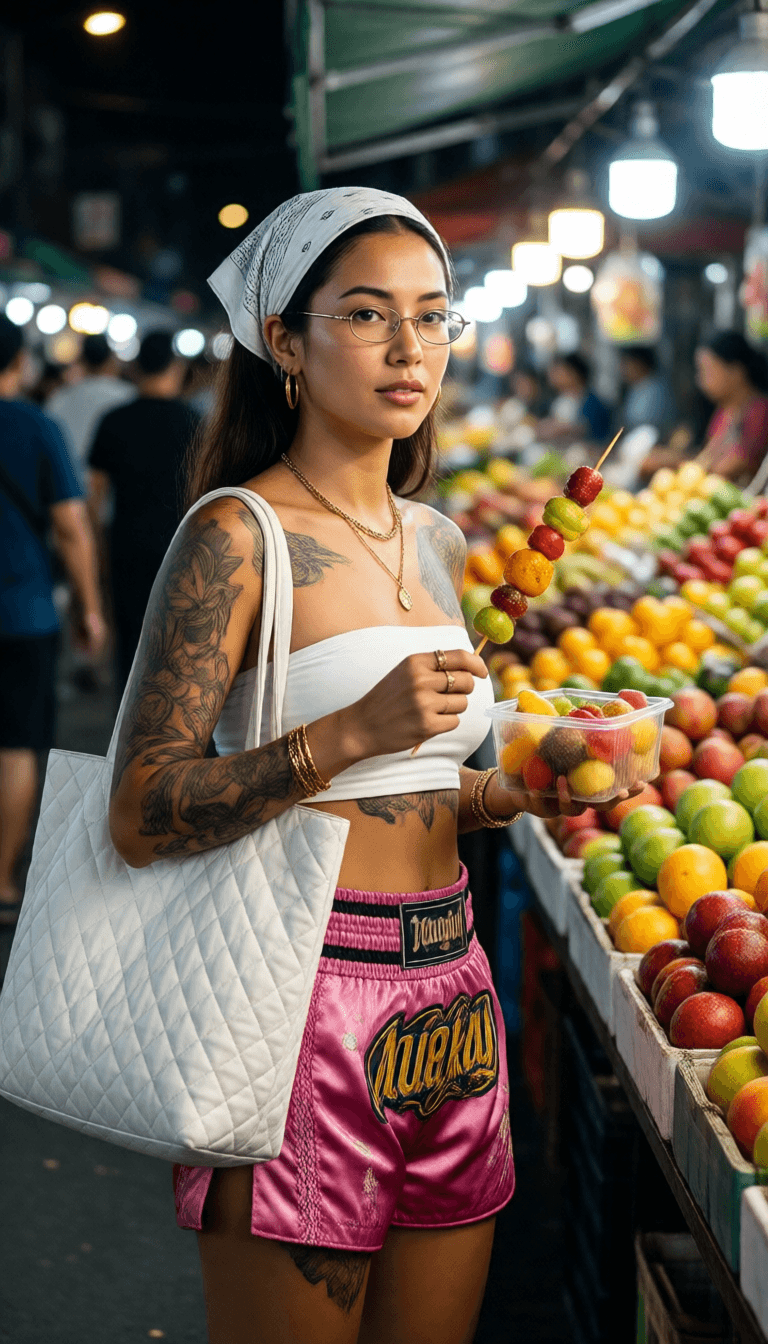 Ophelia trình tạo ảnh AI miễn phí – prompt:{ "prompt": "A photorealistic street-style portrait of a young adult woman at a…