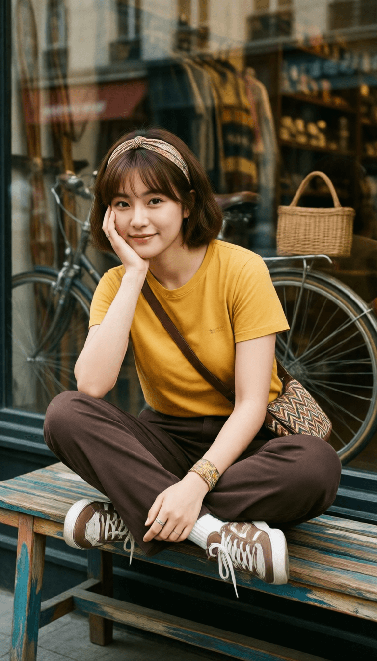 Ophelia kostenloser KI‑Bildgenerator‑Prompt:{ "image_type": "single lifestyle fashion portrait", "overall_style": "retro cas…