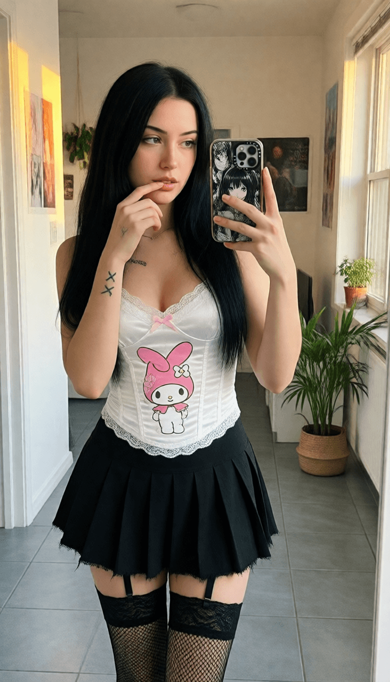 Ophelia gerador de imagens IA grátis – prompt:A candid mirror selfie photograph taken in a sunlit indoor hallway. A young woma…