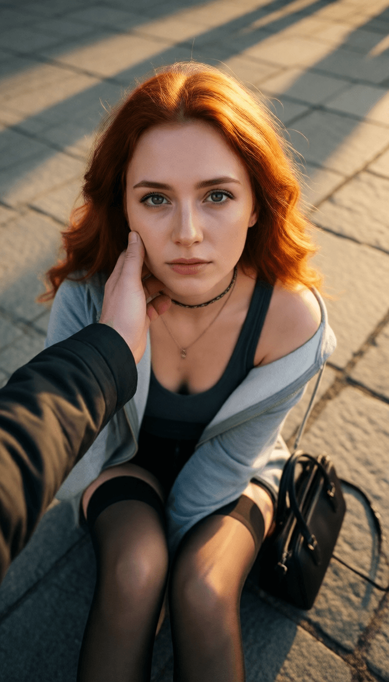 Ophelia free AI image generator prompt:{ "prompt": "A realistic top-down perspective photo of a young woman with wavy r…