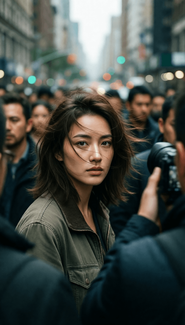 Ophelia free AI image generator prompt:candid street portrait, subject centered sharp, crowd motion blur around, slow s…