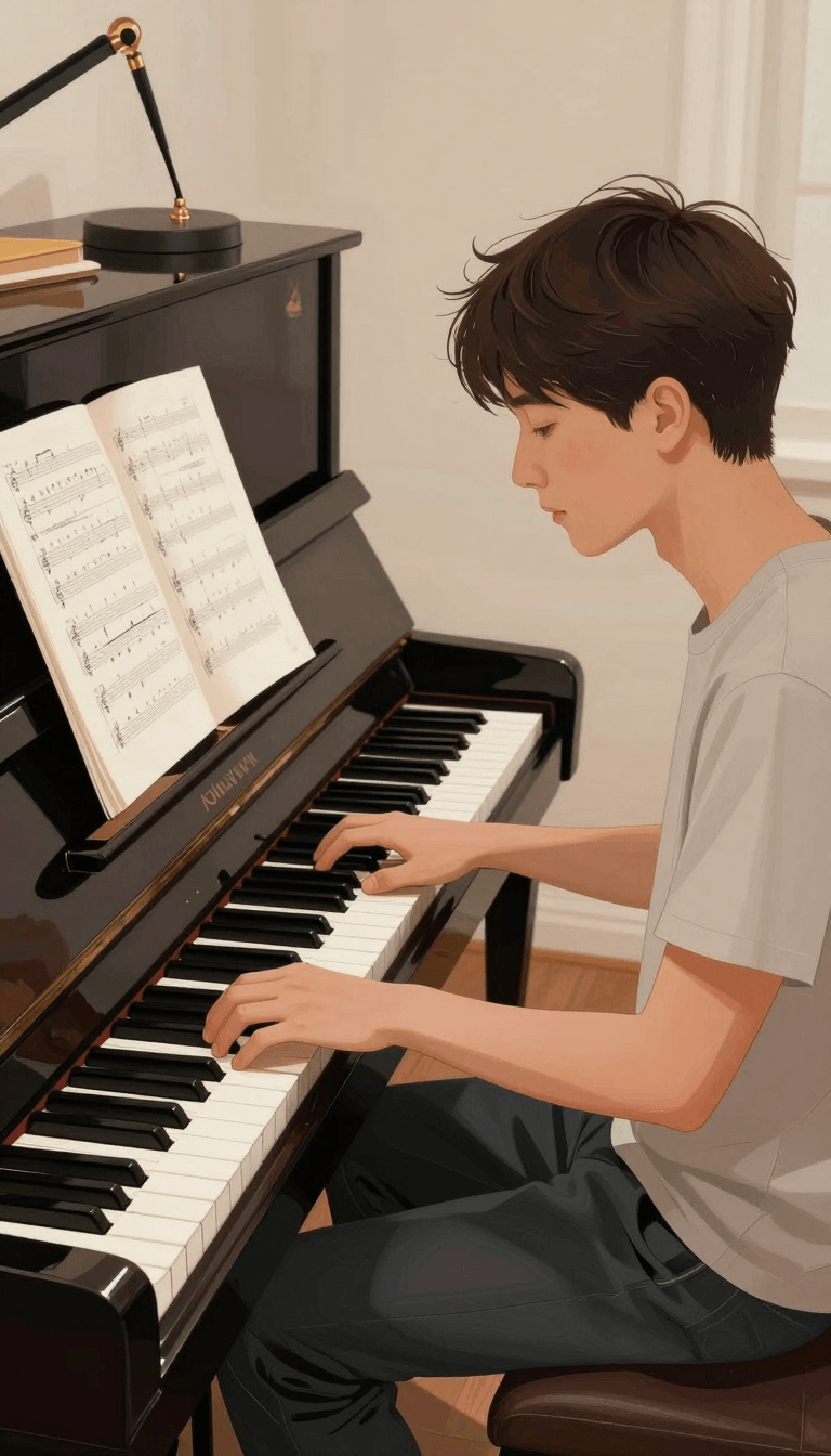 Ophelia free AI image generator prompt:Generate an illustration for a thumbnail for late-night relaxed piano practice