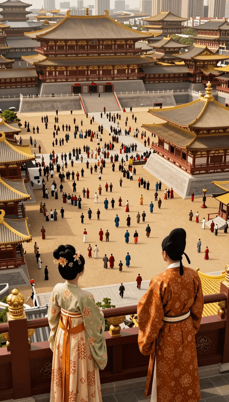 Ophelia gerador de imagens IA grátis – prompt:Aerial view of Chang'an City during the Kaiyuan Era golden age, Emperor Xuanzong…