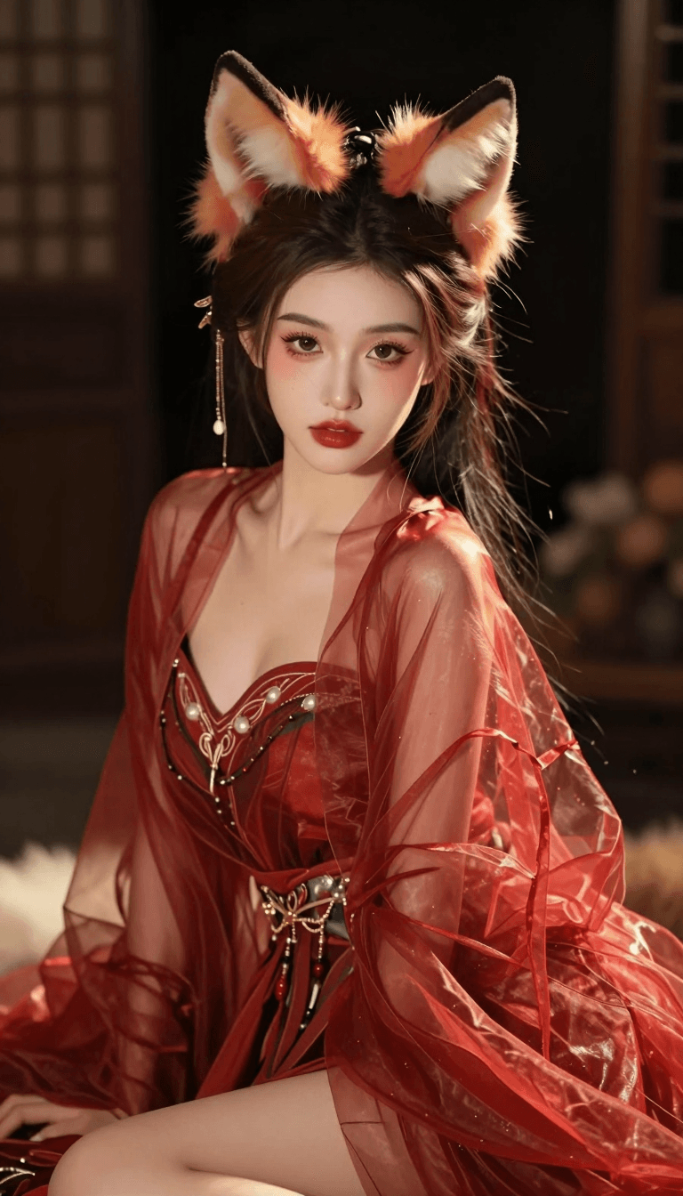 Ophelia бесплатный генератор изображений ИИ – промпт:Su Daji ancient Chinese style photoshoot, translucent red sheer dress, fox ears…