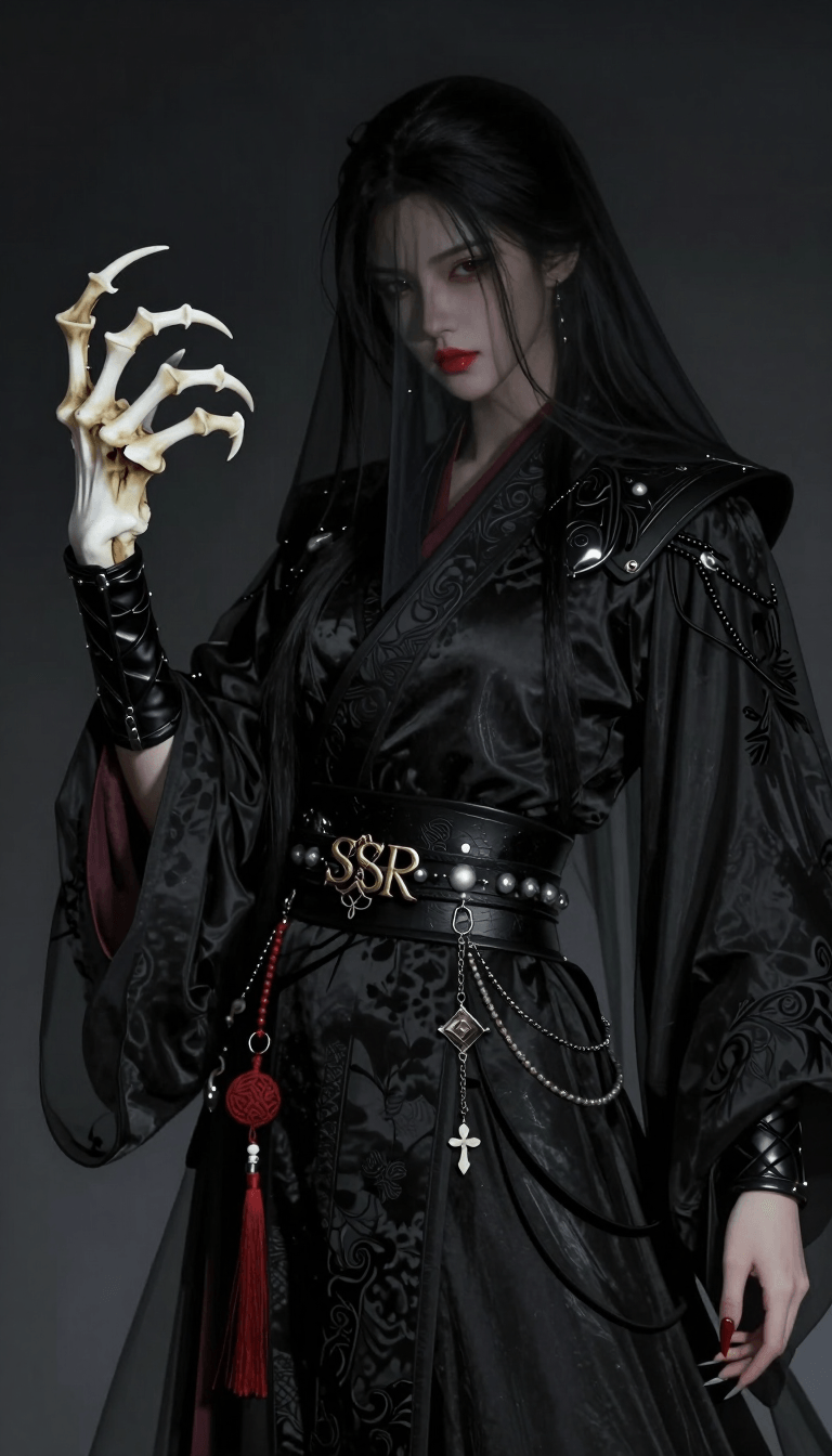 ‏Ophelia مولّد صور بالذكاء الاصطناعي مجاني – برومبت:Zhou Zhiruo darkened version SSR standing illustration, black veil red lips, Nin…