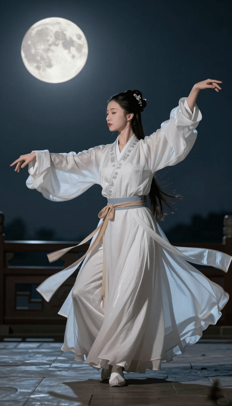 Ophelia бесплатный генератор изображений ИИ – промпт:Li Bai dancing under the moon during a Douyin livestream