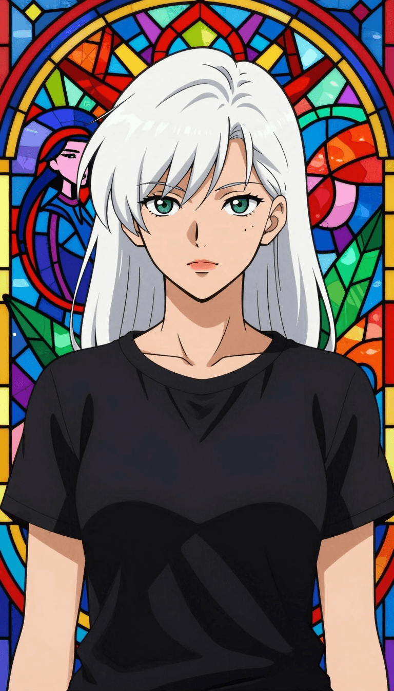 Opheliaai พรอมต์:an illustration of a woman with a white hair wearing a black t shirt, in the sty…