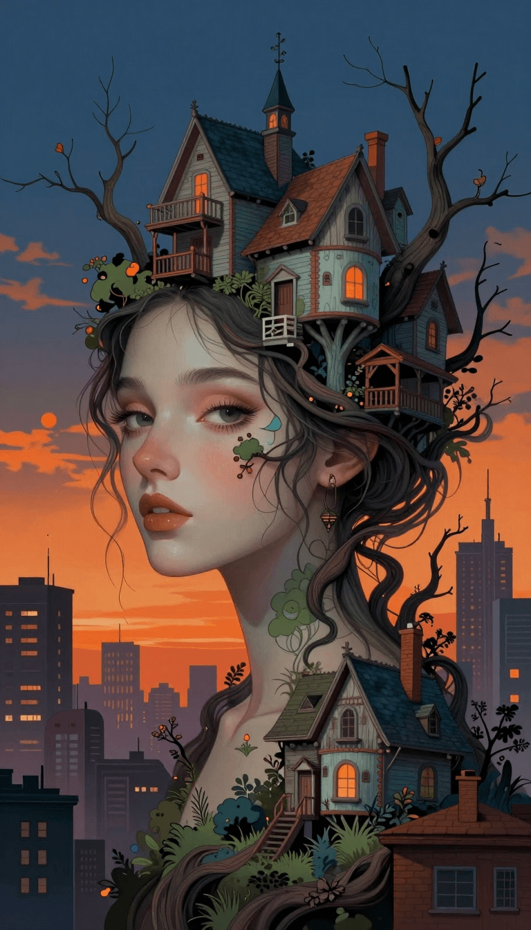 Opheliaai prompt:a colorful digital artwork of a woman's head and branches, in the style of haunt…