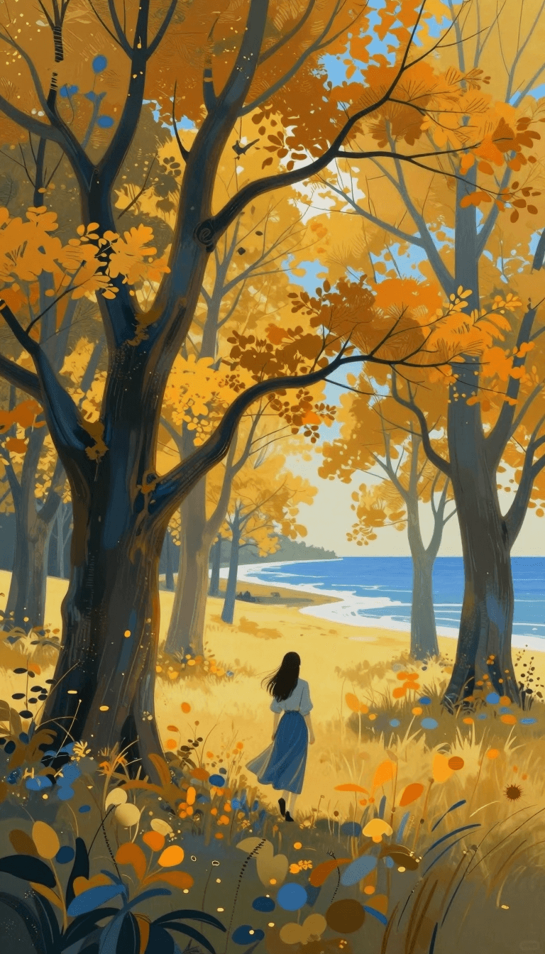Opheliaai prompt:a girl walking through a field, in the style of ethereal trees, dark yellow and…