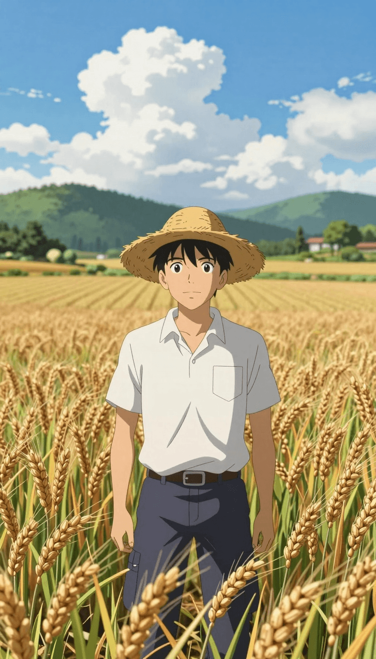 Opheliaai prompt:Wheat field, a farmer uncle with a straw hat standing in a wheat field, big clou…