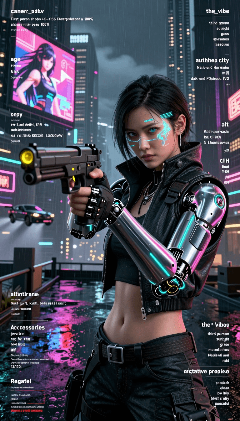 Ophelia 무료 AI 이미지 생성기 프롬프트:{ "subject": { "description": "First-person shooter (FPS) perspective of a cyber…