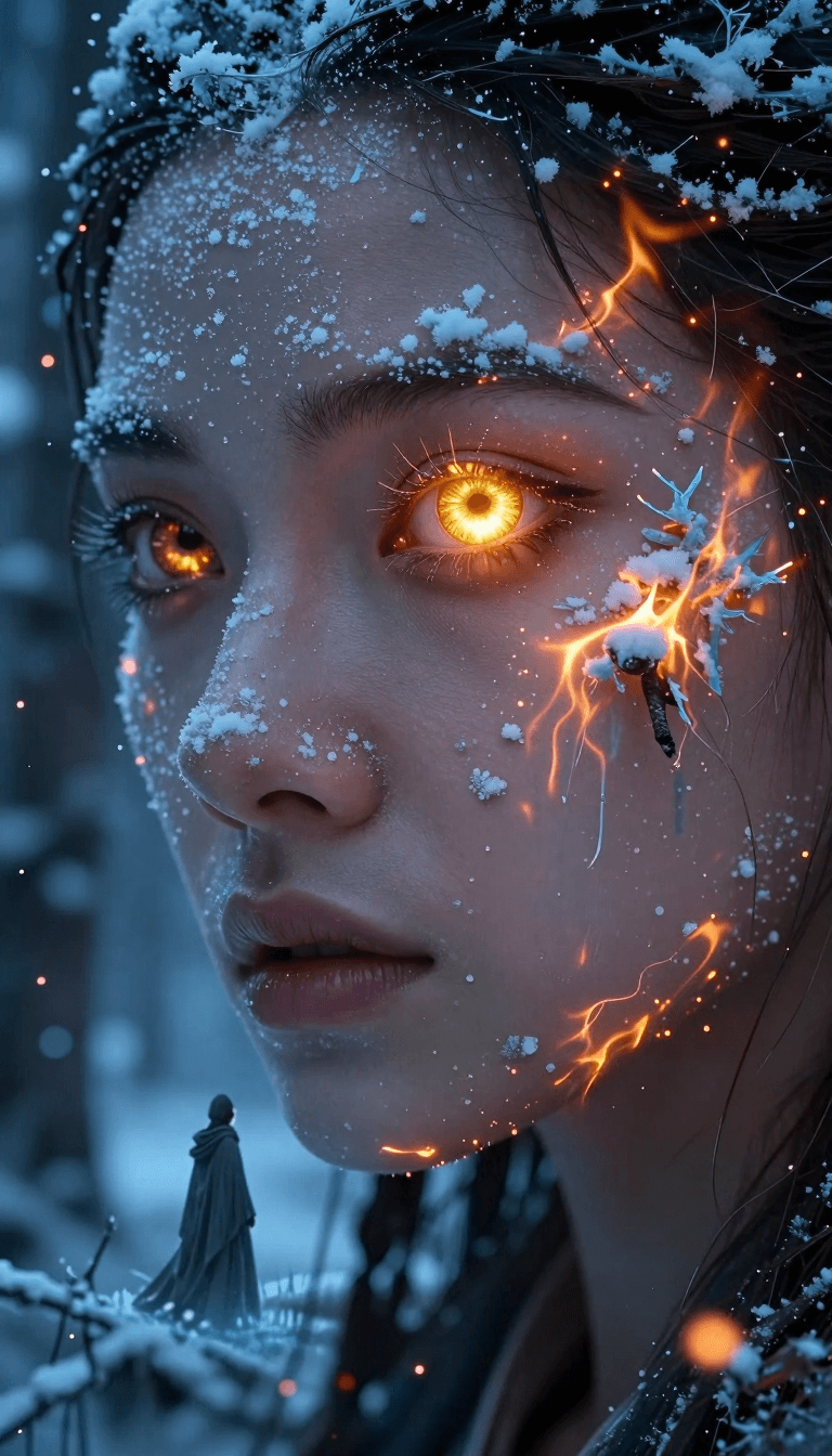 Ophelia 免費 AI 圖片生成器提示詞:A surreal cinematic fantasy portrait of a woman’s face emerging from a frozen fo…