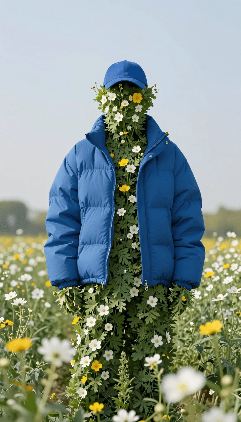 Ophelia gerador de imagens IA grátis – prompt:A human figure standing in a flower-filled field wearing an oversized blue puffe…