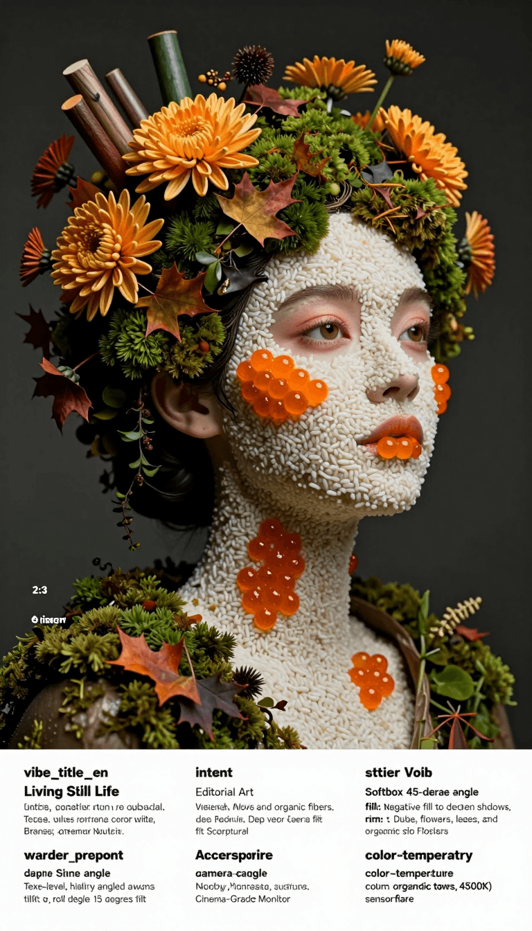 Ophelia générateur d’images IA gratuit – prompt:{ "vibe_title_en": "Living Still Life", "master_prompt": "A hyper-realistic, med…