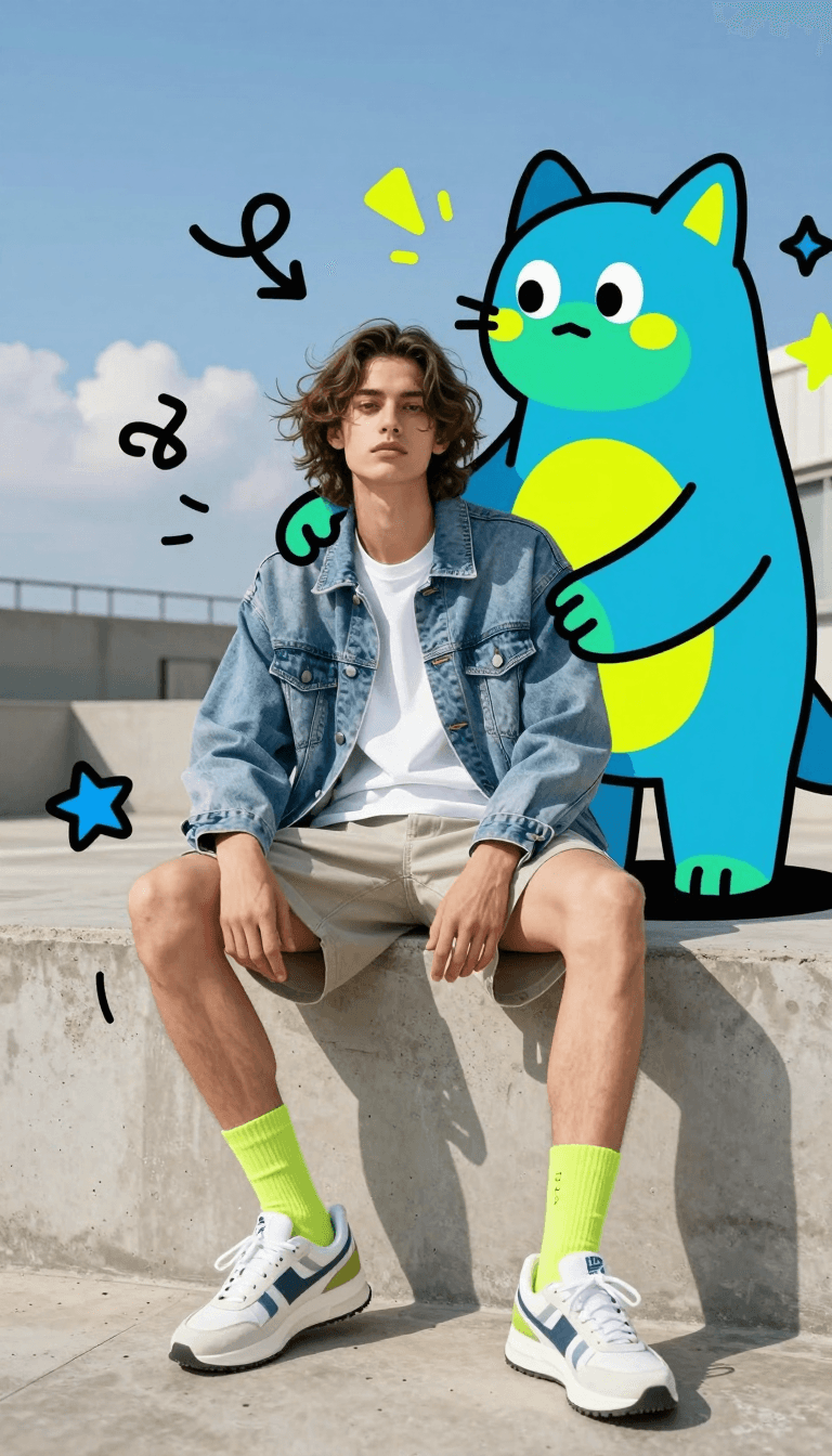 Ophelia free AI image generator prompt:Full-body fashion editorial shot of a confident young person model sitting casua…