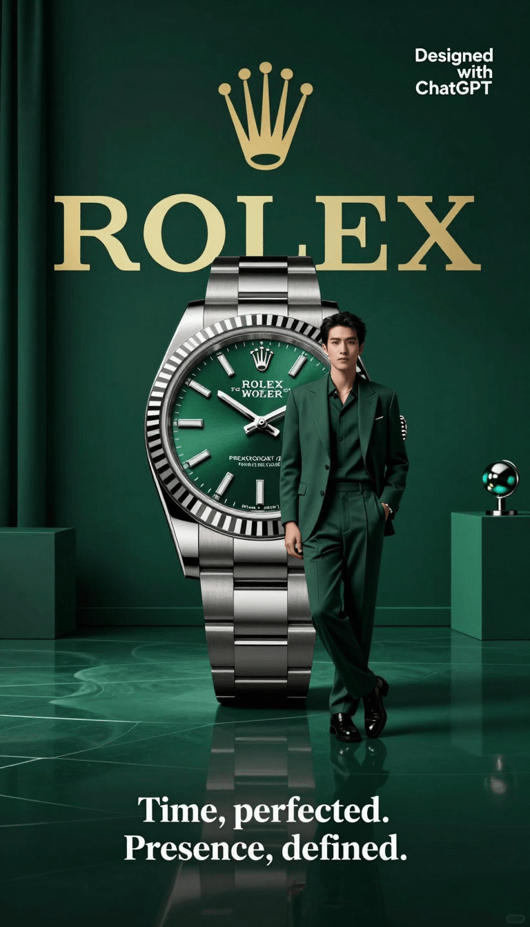 Ophelia kostenloser KI‑Bildgenerator‑Prompt:A high-fashion surrealist poster for Rolex. A deep emerald green minimalist stud…