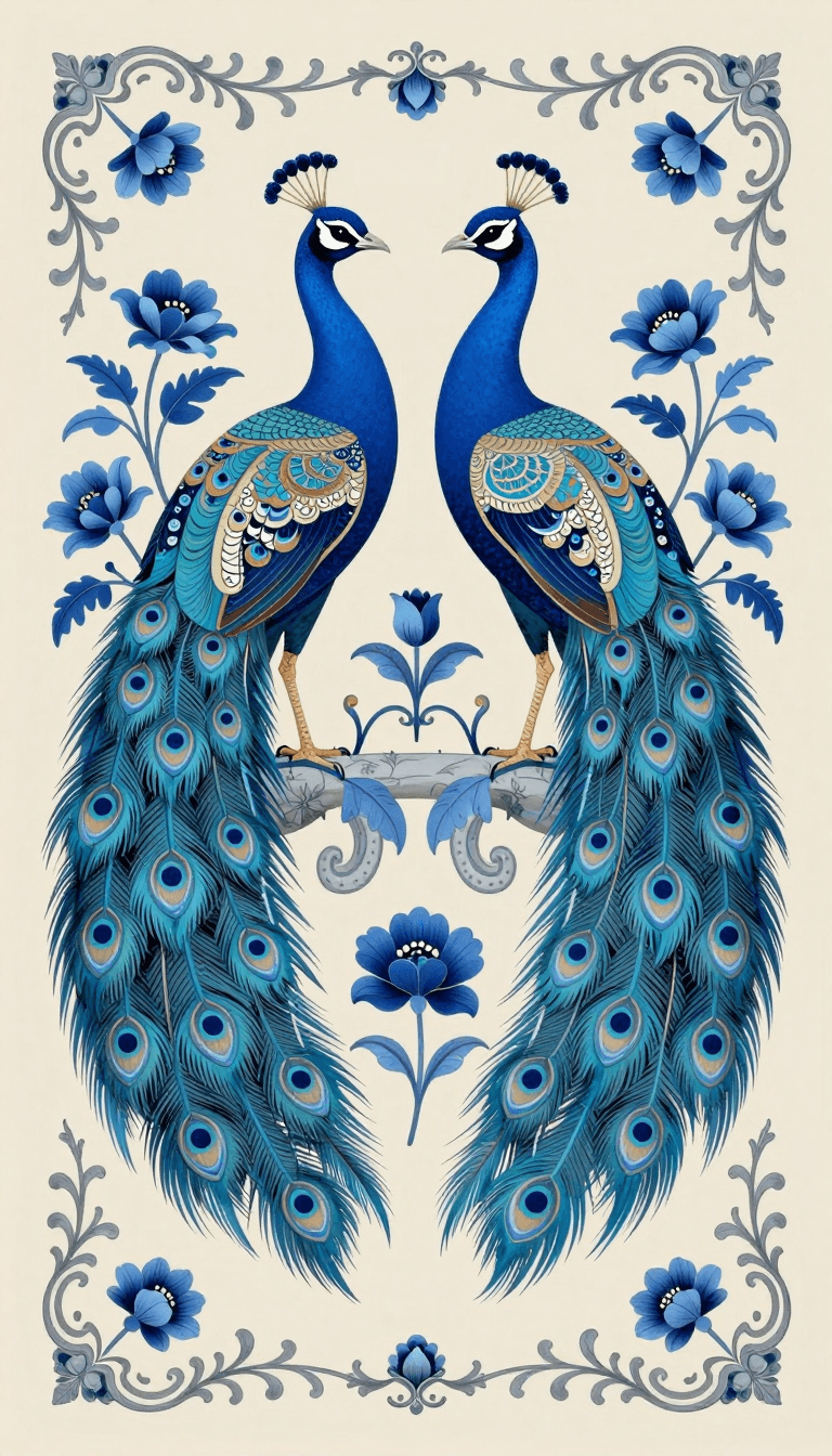 Ophelia free AI image generator prompt:symmetrical design featuring two elegant blue peacocks with detailed feather pat…