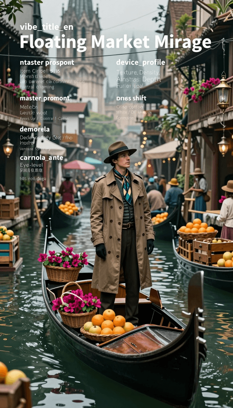 Ophelia free AI image generator prompt:{ "vibe_title_en": "Floating Market Mirage", "master_prompt": "A medium-long sho…