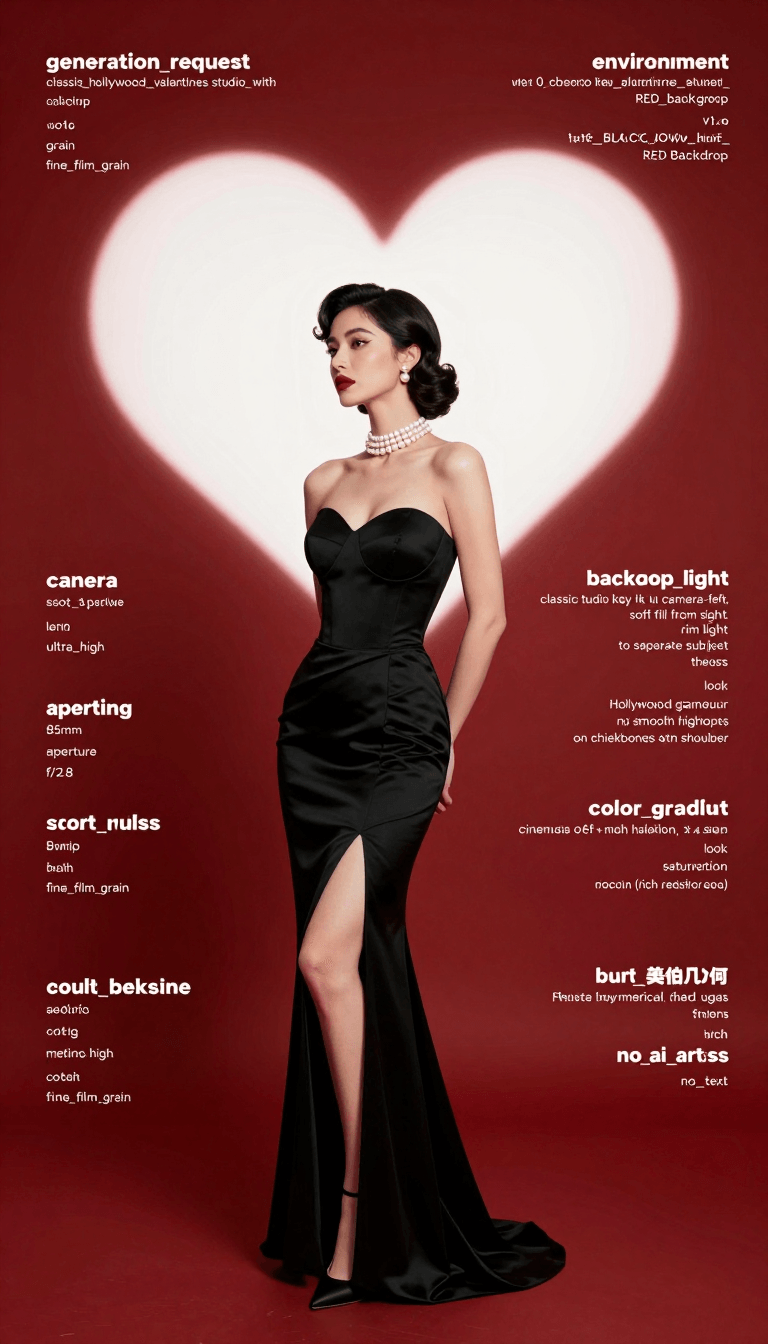 Ophelia trình tạo ảnh AI miễn phí – prompt:{ "generation_request": { "meta_data": { "task_type": "classic_hollywood_valenti…