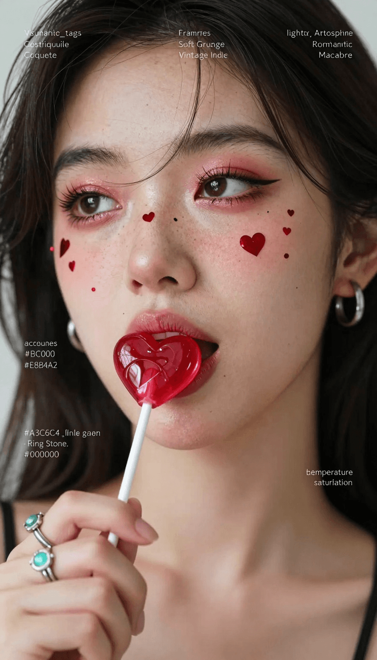 Ophelia เครื่องมือสร้างภาพ AI ฟรี – พรอมต์:{ "visual_style": { "aesthetic_tags": ["Coquette", "Soft Grunge", "Vintage Indie…