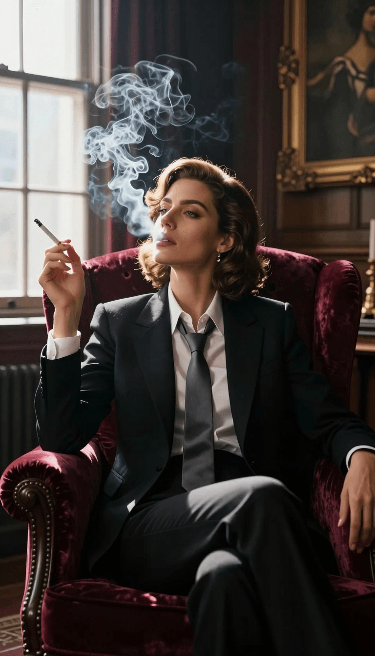 Ophelia เครื่องมือสร้างภาพ AI ฟรี – พรอมต์:A high-definition cinematic portrait of a sophisticated woman sitting in a plush…