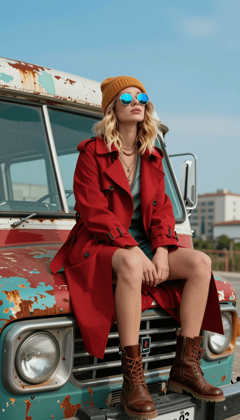 Ophelia เครื่องมือสร้างภาพ AI ฟรี – พรอมต์:A stylish young woman sitting on the front edge of an old vintage bus, wearing a…