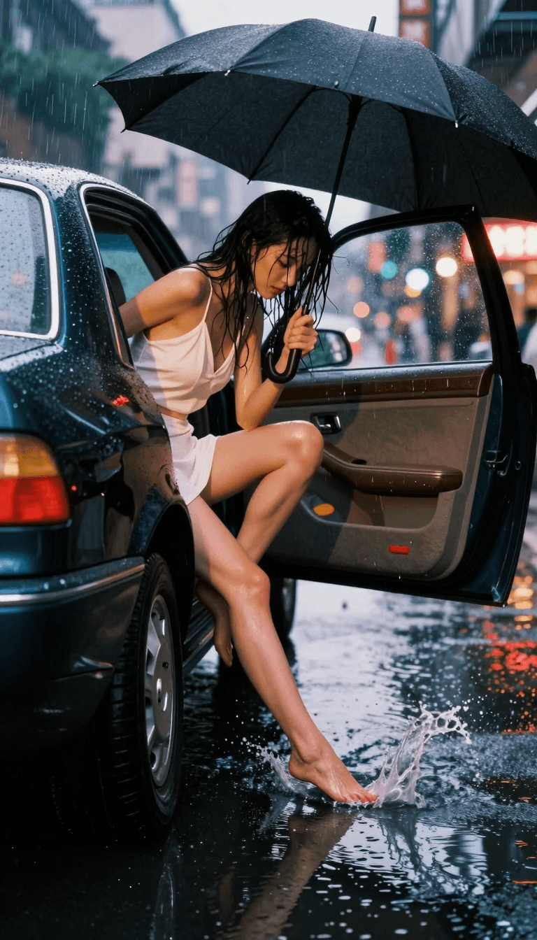 Ophelia 無料AI画像ジェネレーター用プロンプト:Based on <User Portrait>, pose from <Pose Reference>. EXTREME LOW ANGLE RAINY EX…