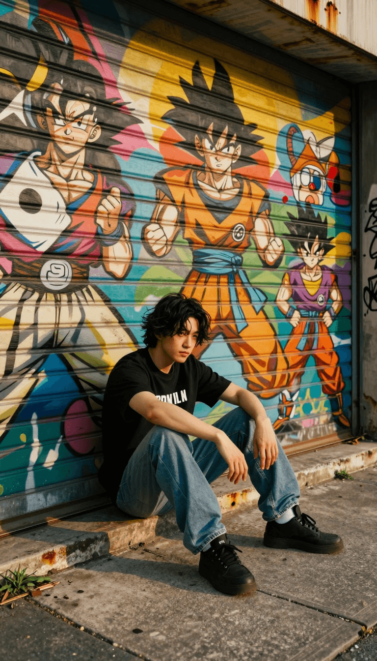 Ophelia 무료 AI 이미지 생성기 프롬프트:A cinematic urban streetwear portrait of the person from the reference image, si…